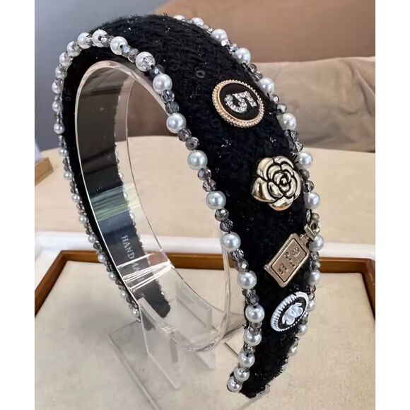 Black Headband with Pearls and #5 Designer Inspired Accents New